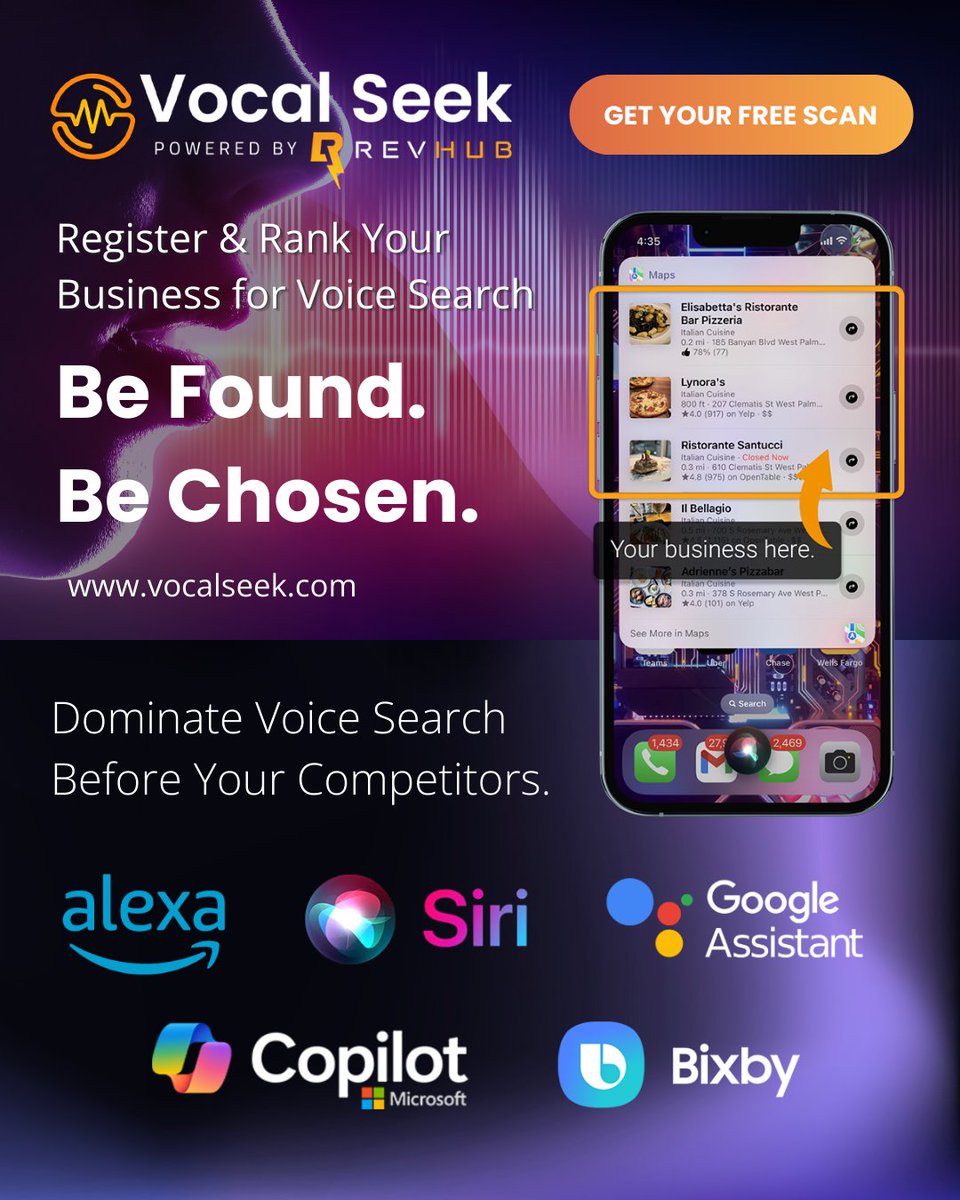 RevhubAI's tweet photo. 🔊 Vocal Seek – Rank your Business for Voice Search. Be Found. Be Chosen.

50%+ of online searches now happen via voice assistants like Siri, Alexa, and Google Assistant. If your business isn’t listed, you’re invisible to half the market. Vocal Seek gets you registered and ranked on all major voice platforms, so you're the one they call when they say: “Find the best near me.”

📈 Run a Free Voice Visibility Scan at https://t.co/LRQNlApaP8