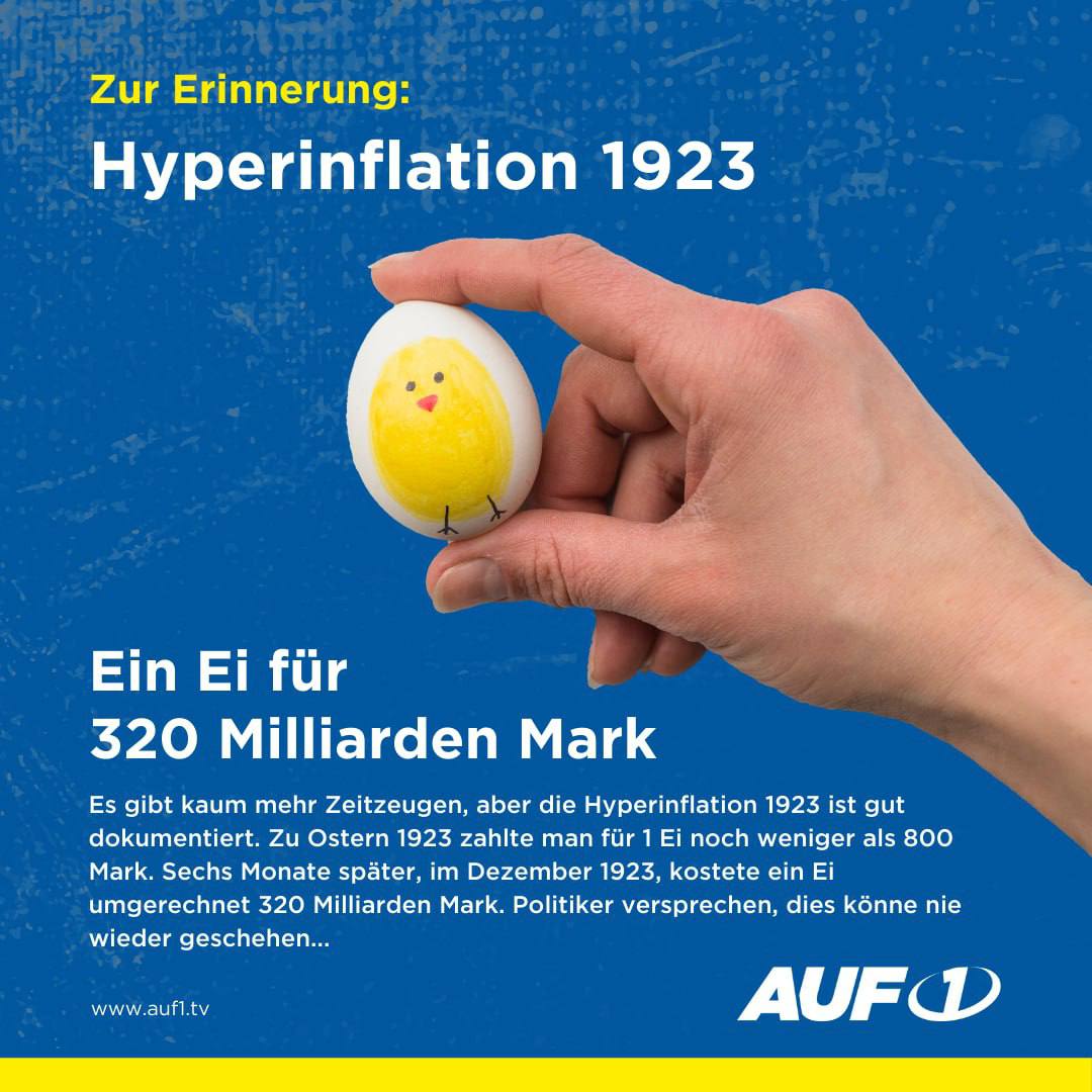 MagnetStefan's tweet photo. Ein Ei für 320 Milliarden.
Zur Erinnerung:

1923 ging alles ganz schnell.
Zu Ostern kostete ein Ei weniger als 800 Mark. Inflation war schon kein Fremdwort… aber dann:
Sechs Monate später, im Dezember, kostete ein Ei bereits 320 Milliarden Mark.

Politiker heute versprechen, dies könne nie wieder geschehen...