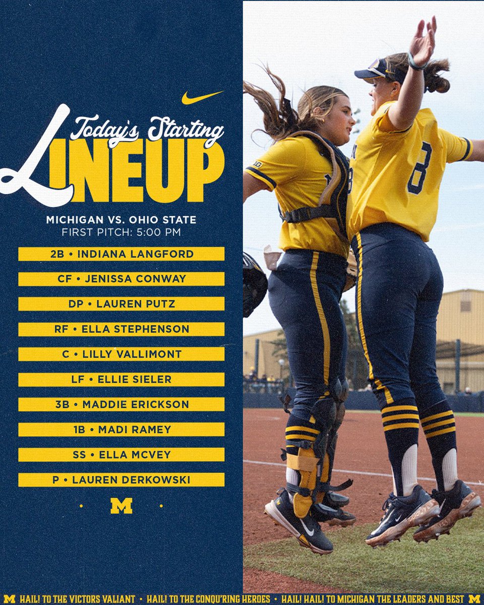 umichsoftball's tweet photo. #GAME44 Starting Lineup.
Live Video >> https://t.co/LpPTpV0K8V
Live Stats >> https://t.co/zVWhAQEKzQ https://t.co/gu9QMQ5qul