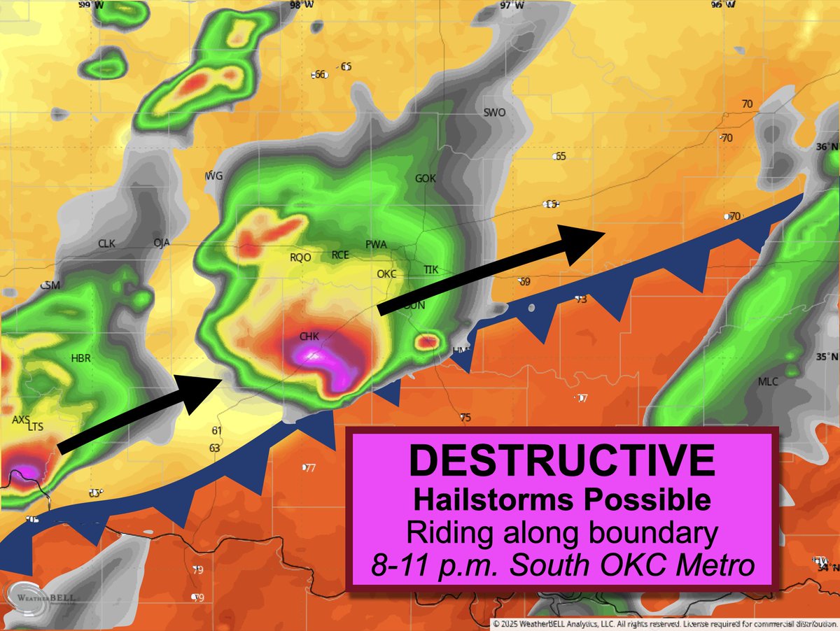 Norman, Moore, Newcastle and folks along the H. E. Bailey Turnpike – plan for a POSSIBLE large/destructive hailstorm this evening! 

Models continue to indicate an increasing chance of a large hail-producing supercell trekking up I-44.

Baseball-sized hail possible.