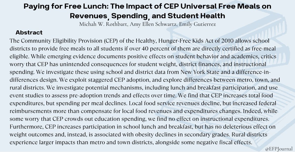 This week #FridayFeature, we’re highlighting another highly cited study: “Paying for Free Lunch? The Impact of CEP Universal Free Meals on Student Outcomes”, by Michah W. Rothbart, Amy Ellen Schwartz, and Emily Gutierrez.

Read more: bit.ly/3YFzpfI
<a href="/aefpweb/">AEFP</a> #EFP