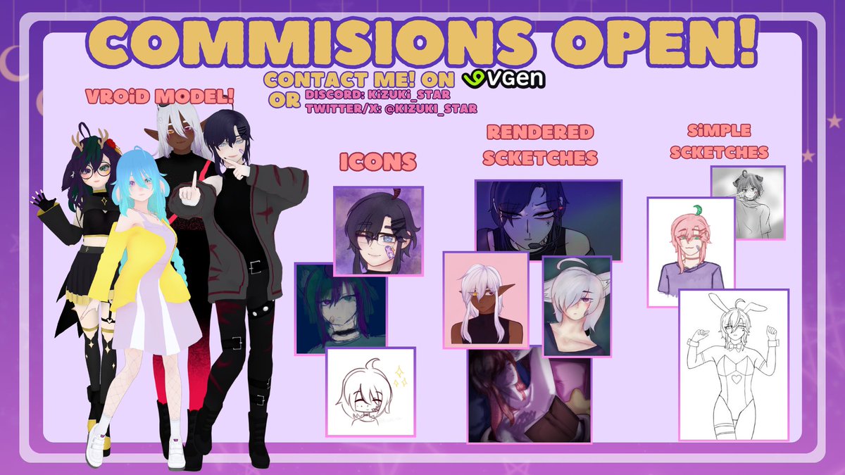 COMMISIONS OPEN ON VGEN!✨

Go check on my #VGen !⭐️
⛓️vgen.co/Kizuki_Star

[ RT + ❤️ Appreciated 🎀 ]

#opencommission #vtuber #VGenComm #VGenOpen