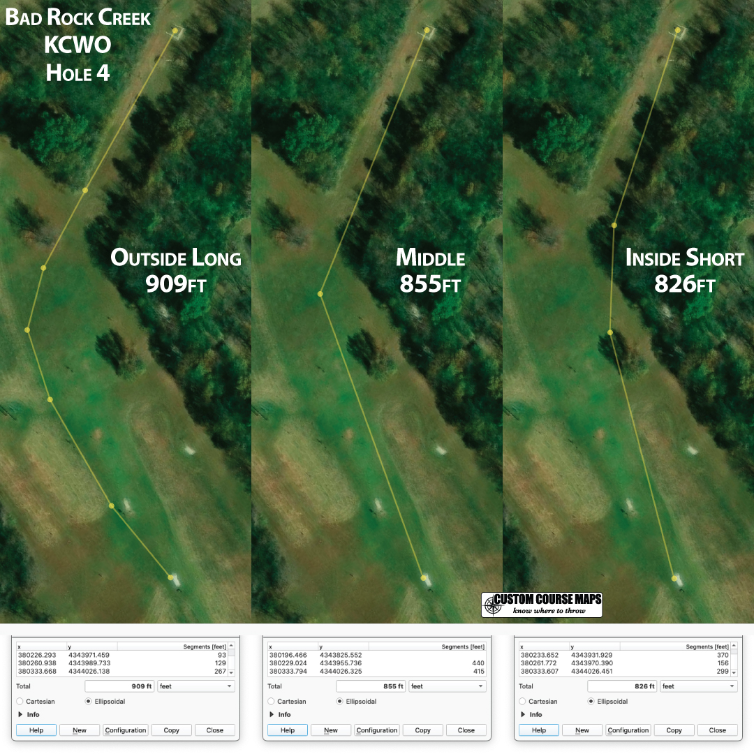 CourseMaps's tweet image. Not sure how DGPT came up with 939 feet
Hole 4 Bad Rock Creek - 855 feet
Three measurements...
@DiscGolfProTour 
@DiscGolfNetwork