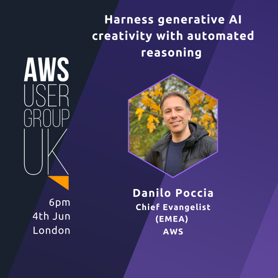AWS User Group UK (@awsusergroupuk) on Twitter photo 🎤 Speaker Spotlight: <a href="/danilop/">Danilo Poccia</a> (<a href="/awscloud/">Amazon Web Services</a>) at AWS UG UK Meetup on 4th June.
🧠 Harnessing AI creativity w/ automated reasoning
🙏 Thanks to our sponsors: <a href="/NetApp/">NetApp</a> and <a href="/scalefactory/">The Scale Factory</a>
🔗 RSVP: shorturl.at/FXYhh
#GenerativeAI #AWSUGUK 🎤 Speaker Spotlight: <a href="/danilop/">Danilo Poccia</a> (<a href="/awscloud/">Amazon Web Services</a>) at AWS UG UK Meetup on 4th June.
🧠 Harnessing AI creativity w/ automated reasoning
🙏 Thanks to our sponsors: <a href="/NetApp/">NetApp</a> and <a href="/scalefactory/">The Scale Factory</a>
🔗 RSVP: shorturl.at/FXYhh
#GenerativeAI #AWSUGUK