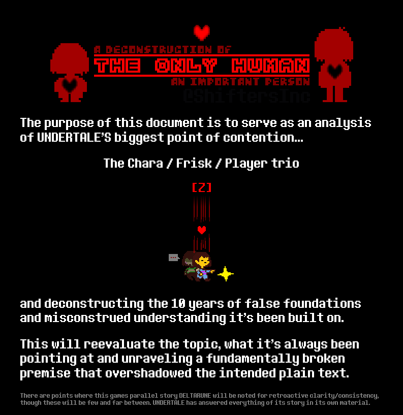 ShiftersInc's tweet photo. Hello. Having replayed UNDERTALE I come with a document highlighting the protagonist, The Human, and the various factors surrounding them.

I hope this offers insight returning to DELTARUNE.

You can view the document here: https://t.co/jb3JIqoD4D

#UNDERTALE #DELTARUNE #UTDR https://t.co/FmYWWlgrKl
