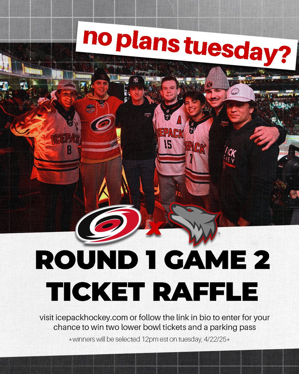 The Icepack x Carolina Hurricanes Playoff Ticket Raffle is back!

Enter for a chance to win two lower bowl tickets and a parking pass for Round 1 Game 2 this Tuesday night against the New Jersey Devils. Winners will be drawn at noon on Tuesday (12pm EST, 4/22/25)! Link below ➡️