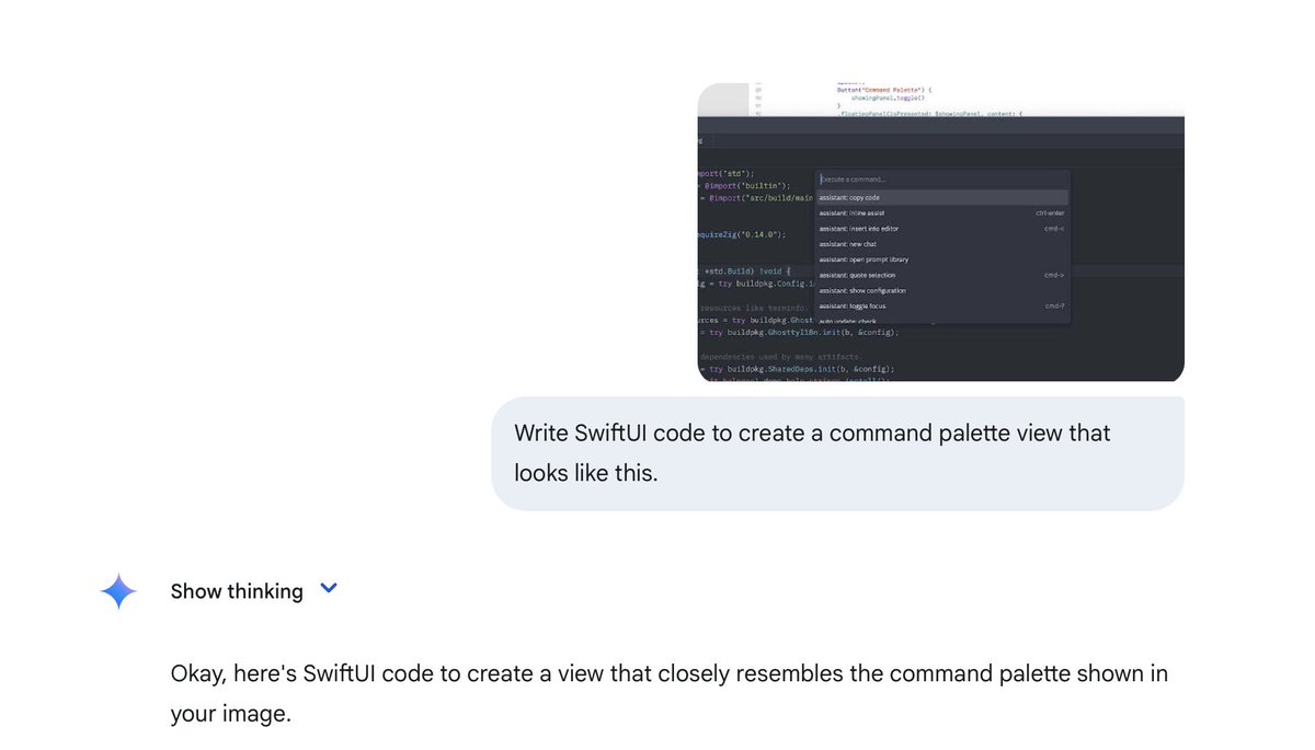 Here's the exact screenshot and prompt. That's actually it. I honestly didn't think this would work as well as it did, I was mostly hoping to get broken but directionally correct SwiftUI boilerplate I could then iterate on. I didn't expect it to actually just work lol.

Obviously