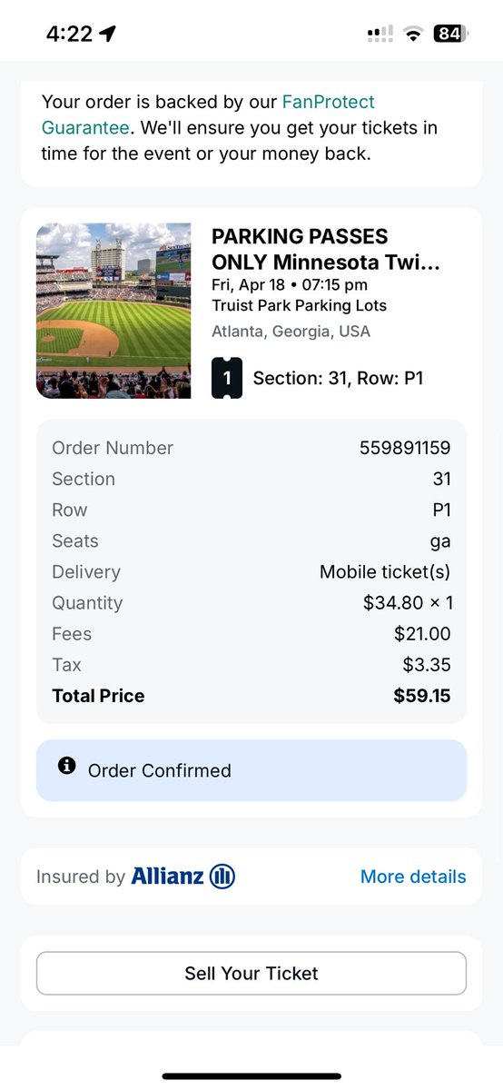 A_Ellingson's tweet photo. $21 fee on a $34 parking ticket is wild work @StubHub https://t.co/arM7gBdlb5