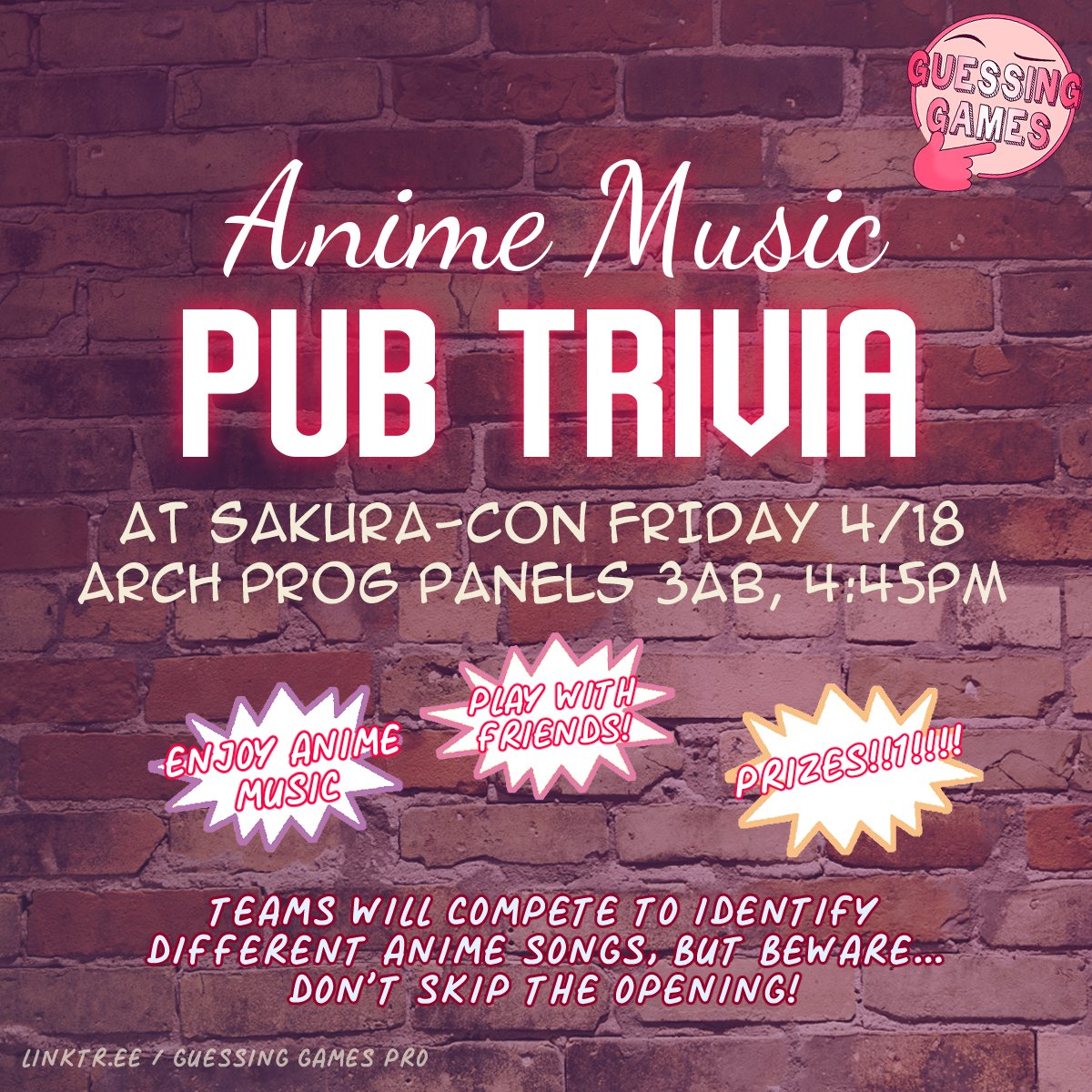 GuessGamesPro's tweet photo. 🌸SAKURA-CON, WE'RE SO BACK!!!!! 🌸

JOIN US AT 4:45 PM TODAY AT ARCH 3AB FOR SOME ANIME MUSIC PUB QUIZ!

if you love anime tunes (or winning prizes i guess) join us for some classic openings, tricky endings, and everything in between!!

#sakuracon2025 #sakuracon https://t.co/sp6WHIUDOZ