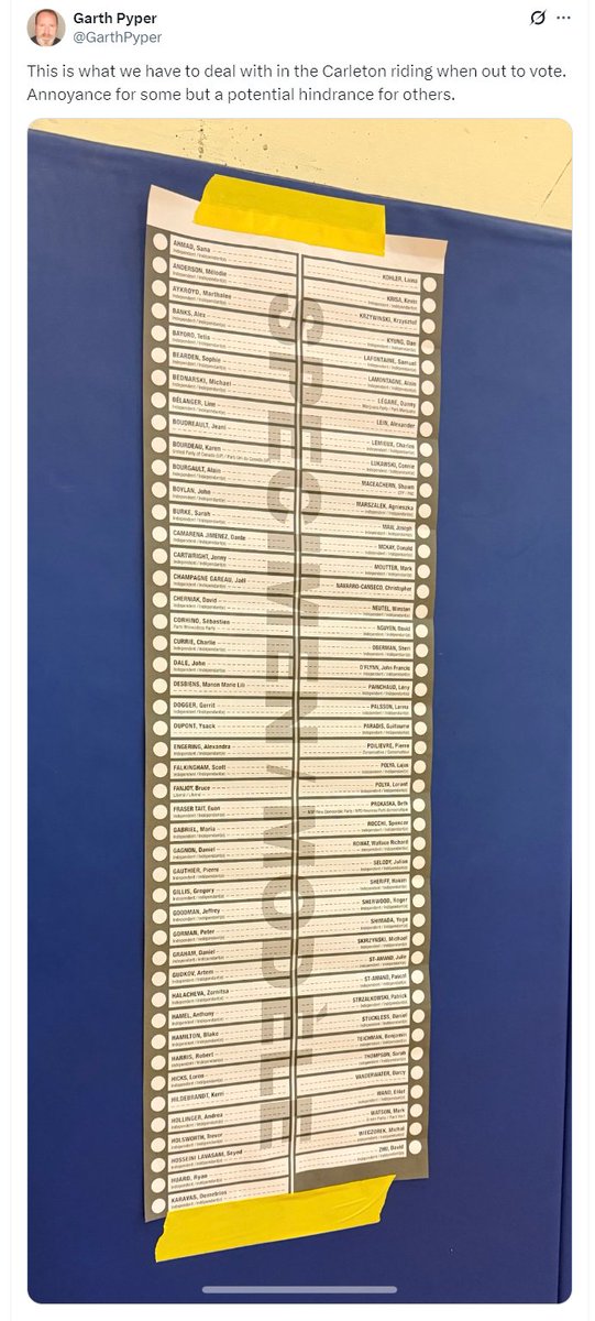 Tablesalt13's tweet photo. This is what progressives did in Poilievre's riding

they added 56 candidates to the ballot to CONFUSE VOTERS

its a perfect analogy for how progressives succeed ... harass, scam, intimidate and confuse

because their ideas are so bad, its the only way. https://t.co/gvzogxTJmT