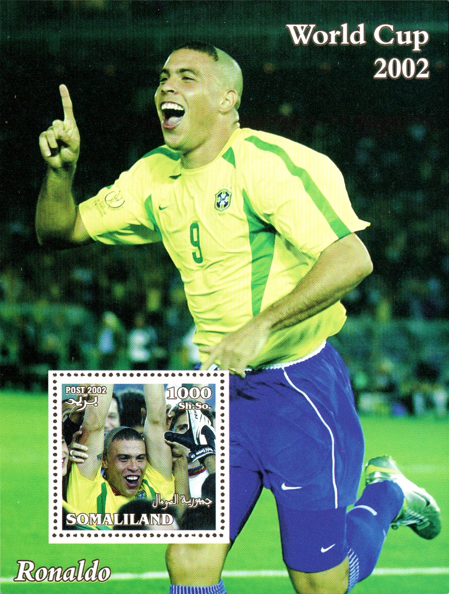 🏴 Somaliland: 2002 FIFA World Cup – Ronaldo Luís Nazário de Lima, top scorer and champion with Brazil. An illegal stamp and souvenir sheet were printed by Mayfair International Security Printers for the postal service of the unrecognized Republic of Somaliland sometime in 2002