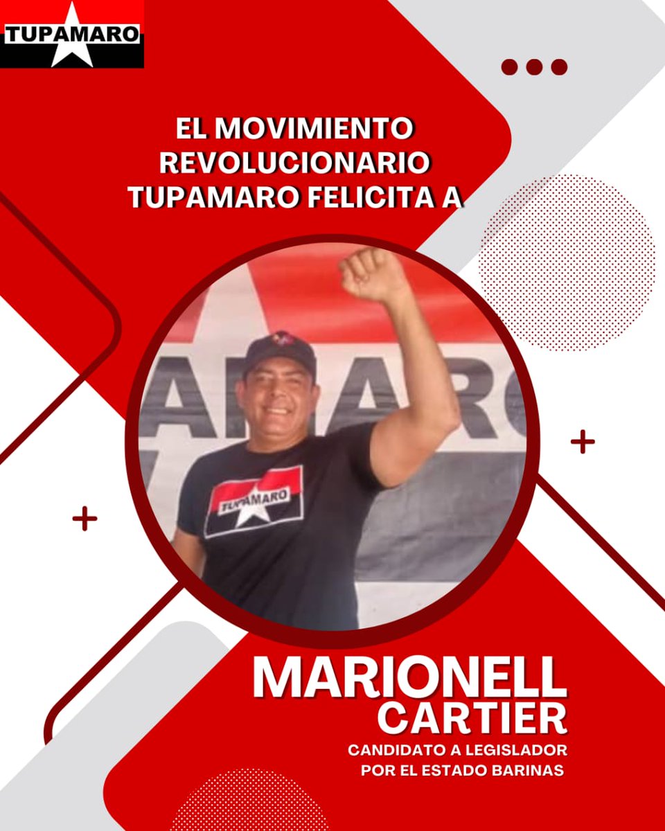 🔴⚫ Desde el Movimiento Revolucionario TUPAMARO felicitamos a nuestro camarada Marionell Cartier por su candidatura a legislador por el estado <a href="/Barinas_MRT/">Tw Oficial TUPAMARO BARINAS</a>

En unidad chavista, con corazón rebelde y el espíritu revolucionario nos preparamos para el próximo #25May.