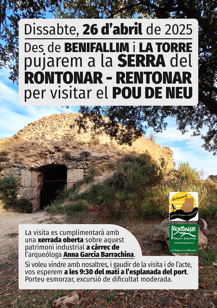 socdepoble's tweet photo. El  dissabte 26 pujarem a la Serra del Rentonar per a visitar el Pou de Neu. Amb una interessant xerrada a càrrec de l'arqueòloga Anna Garcia Barrachina. Vos esperem a les 9:30 del matí a l'esplanada del port. https://t.co/gWNyZiwS1y https://t.co/R1Orw9qaZk