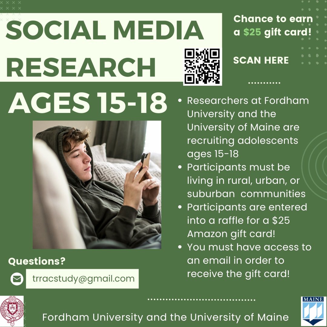 FordhamTRRAC's tweet photo. Hi Twitter! Want to help psychologists at Fordham University and University of Maine understand teen mental health in the digital age? We need 15-18 year olds to participate in an online research study! Enter into a raffle to win an Amazon Gift Card!
Link to participate: https://t.co/KSeUO3Q8G9