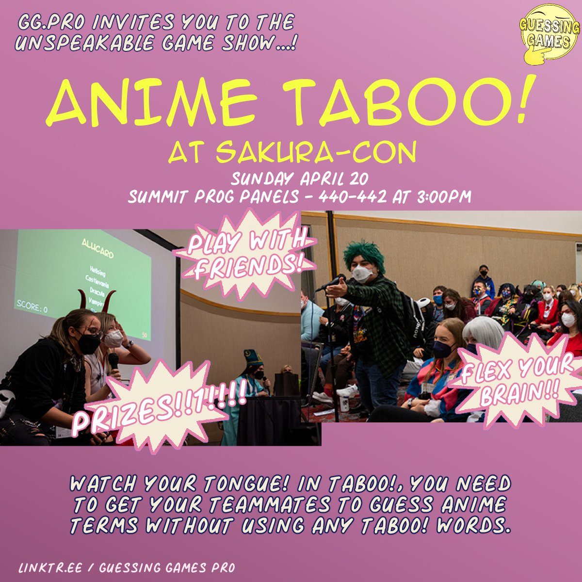 GuessGamesPro's tweet photo. HELLO SAKURA-CON!! 🌸💖

Do YOU have the quick wits and trivia knowledge to reach victory? 🧠🌩️ Join us for Taboo! Game Show: Anime Edition for fun and prizes!

Find us in the Summit building in Prog Panels 440-442 THIS SUNDAY at 3:00 PM 🔥🔥🔥

#sakuracon2025 #sakuracon https://t.co/otPob7sZlK