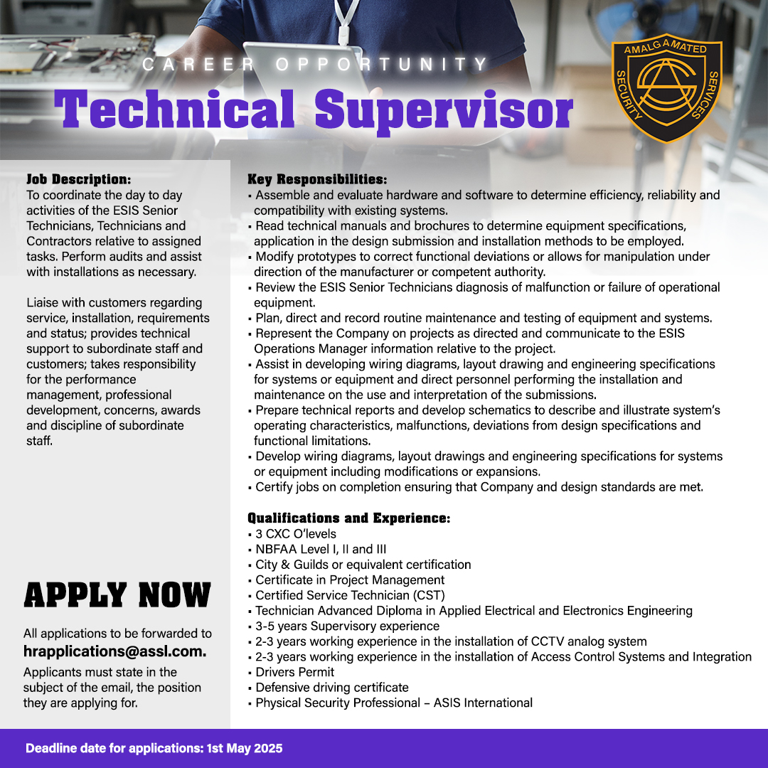 ASSLTT's tweet photo. 🚨 NOW HIRING: TECHNICAL SUPERVISOR

📧 Send your applications to: hrapplications@assl.com

#JobOpportunity #SecurityCareers #ElectronicsEngineering #HiringNow #TechSupervisor #AmalgamatedSecurity #CareerOpportunity #AccessControl #CCTVInstallation #TrinidadJobs #SecurityServices https://t.co/Fr9us6YXYY