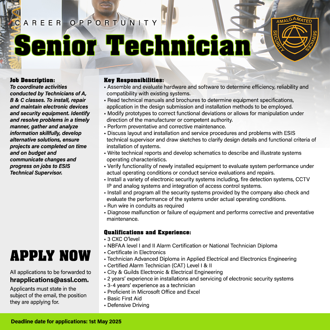 asslgroup's tweet photo. 🔧 NOW HIRING: SENIOR TECHNICIAN 
 Your next step in electronic security starts here.

#SeniorTechnician #NowHiring #TechJobs #SecuritySystems #CCTVInstallation #AccessControl #FireAlarmSystems #JoinOurTeam #AmalgamatedSecurity #TrinidadJobs #ElectronicSecurity #CareersInSecurity https://t.co/zlYaTQjzJp