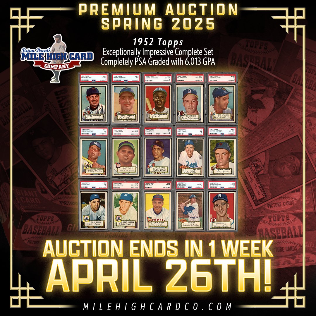 milehighcard's tweet image. Next up for bid in our Spring 2025 Premium Catalog Auction: an exceptional, complete 1952 Topps Baseball Set with an impressive 6.013 GPA! DON'T MISS IT! 🔥⚾

🚨 BID NOW! 🚨
tinyurl.com/52toppscomplet…

‼️ AUCTION ENDS APRIL 26TH! ‼️

#MHCC #auctionhouse #auction #1952topps #PSA