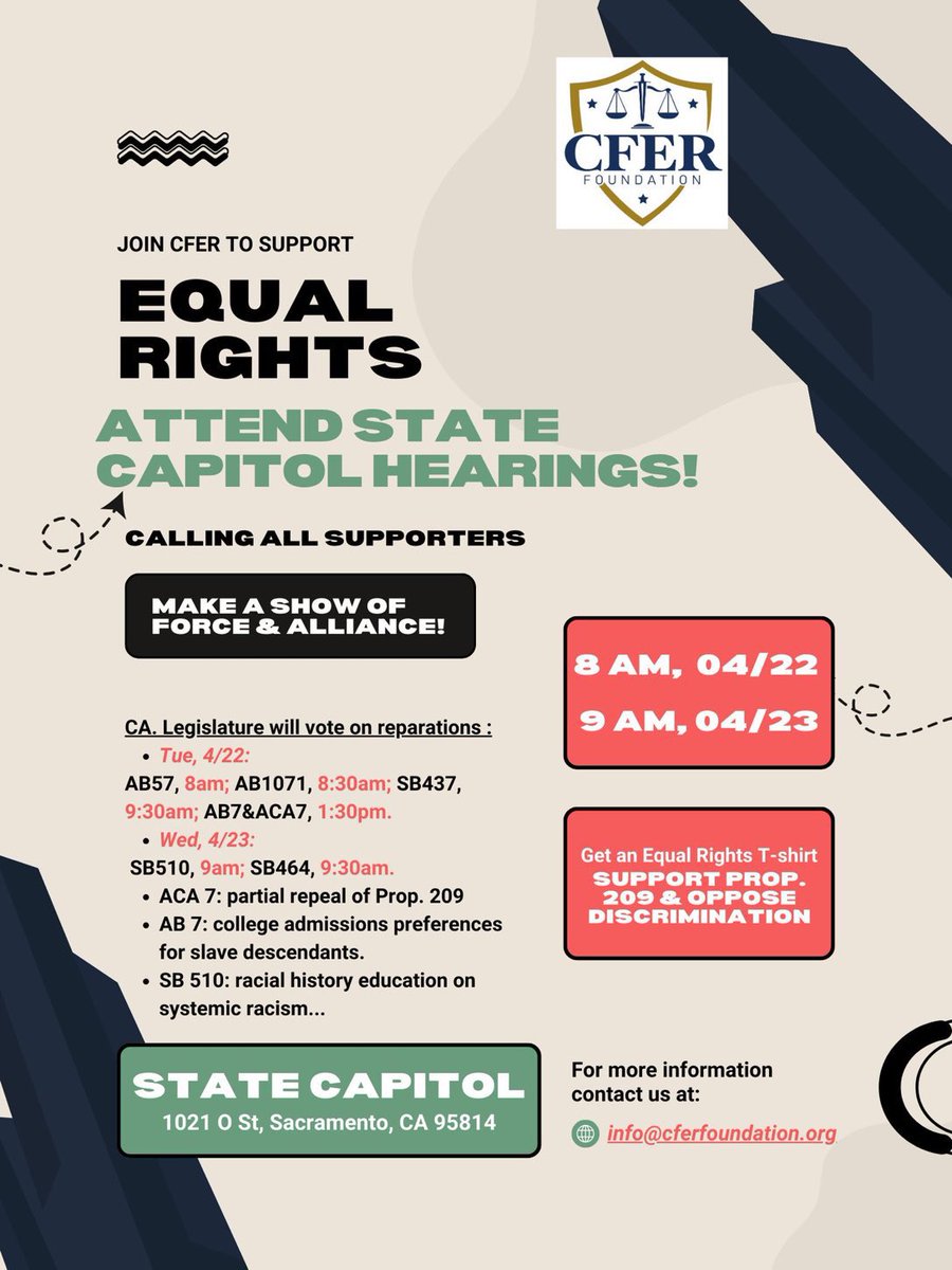 ECalifornians's tweet photo. If you can go to Sacramento next week to oppose #AB7, please do! We are having another constitutional crisis caused by California politicians.

And this time, the target is the same: #Prop209, yet the excuse is different than #Prop16 or #ACA7, it is #Reparations now…

Please consider joining the hearing and repost to make sure more people can go!