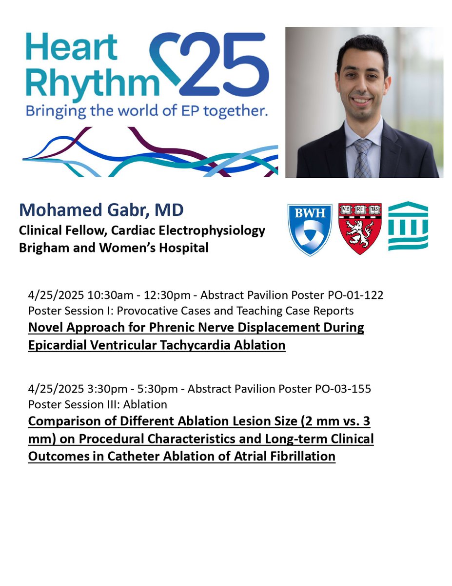 Excited to have Brigham EP fellow Mohamed Gabr, MD presenting at #HRS2025!
He’ll share a novel approach to phrenic nerve displacement during VT ablation and explore how lesion size affects long-term outcomes in AF ablation 📏🫀
Catch both posters next Friday in Sessions I &amp; III.