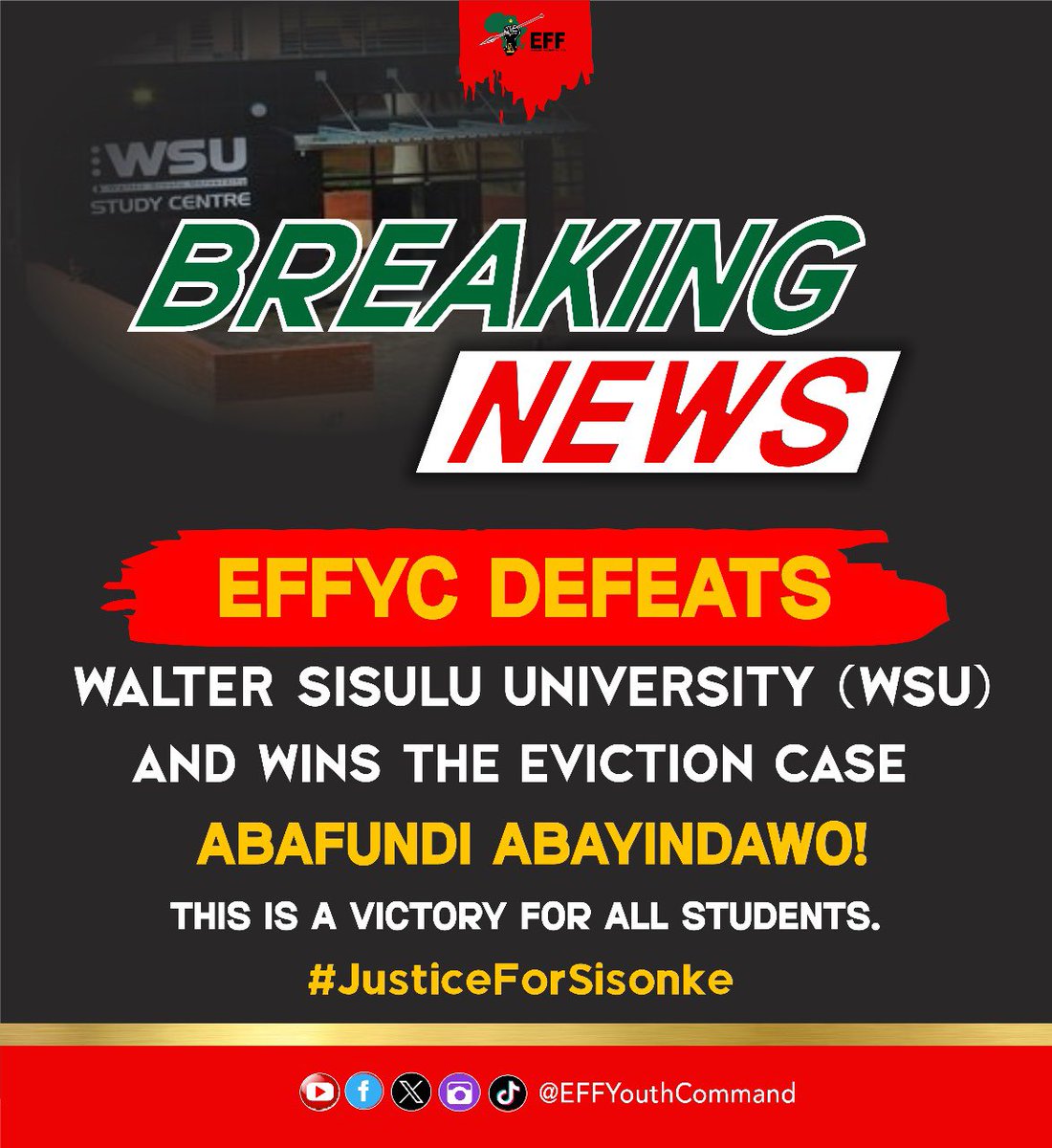 BREAKING NEWS!

EFFYC DEFEATS Walter Sisulu University (WSU) and WINS the EVICTION case.

Abafundi abayindawo!

This is a victory for ALL students.

#JusticeForSisonke