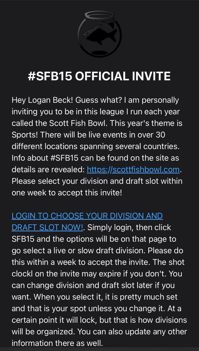 LoganBeck30's tweet photo. Excited to be invited to #SFB15 and to draft live in Michigan for the 2nd year in a row! Thanks @ScottFish24 https://t.co/pVciFRJx3f