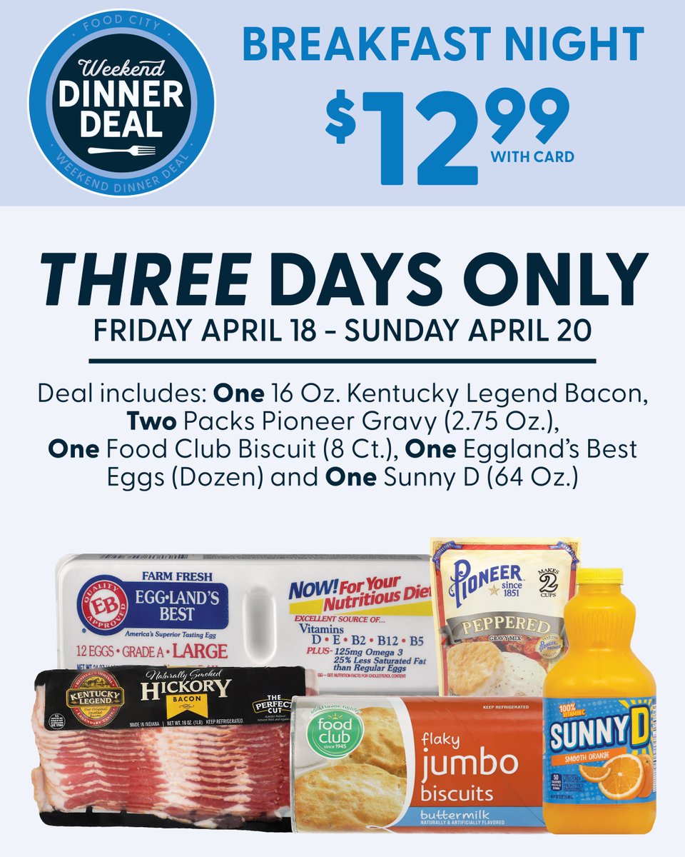 FoodCity's tweet photo. It's breakfast night this weekend! ๐ณ ๐ฅ Get special deal-only pricing this Friday, Saturday & Sunday when you purchase selected meal items.
#mealdeal #breakfastnight #savings #weekenddinnerdeal #foodcity #shopfoodcity https://t.co/403zx7xCyN