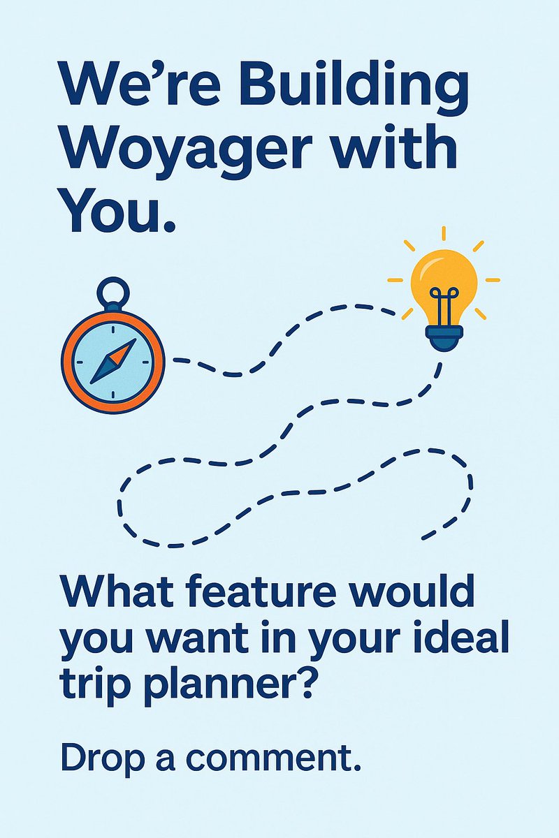 ContactWoyager's tweet photo. We’re Building WOYAGER with YOU!

Our mission is simple - make trip planning feel effortless, personal, and even… fun.

But we know the best ideas don’t always come from inside the team – they come from travelers like you.

Woyager is launching in phases, and we’re shaping it based on real feedback.
So tell us:
What’s one feature your dream trip planner must have?
The more wild, practical, or weird – the better.

Drop your thoughts in the comments

#TechWithPurpose #BuildInPublic #Woyager #StartupCommunity #AITravel #ProductFeedback