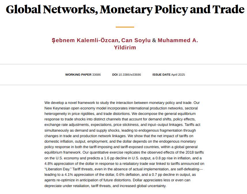 NBER (@nberpubs) on Twitter photo Tariffs can be stagflationary in a global general equilibrium setting. The net impact of tariffs on inflation, employment, and the US dollar depends on the policy response of all countries in the trade war, from <a href="/skalemliozcan/">Sebnem Kalemli-Ozcan</a>, Can Soylu, and Muhammed A. Yildirim Tariffs can be stagflationary in a global general equilibrium setting. The net impact of tariffs on inflation, employment, and the US dollar depends on the policy response of all countries in the trade war, from <a href="/skalemliozcan/">Sebnem Kalemli-Ozcan</a>, Can Soylu, and Muhammed A. Yildirim