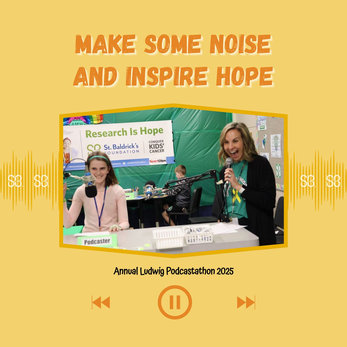 StBaldricks's tweet image. Get loud, spread #hope! 💛 Your podcast or livestream can shine a light on childhood #cancer and fuel the fight for a cure. Host a podcastathon like @LudwigSchool, take on a fun challenge, and raise funds to #ConquerKidsCancer. Join us: ow.ly/fVLU50VymAI