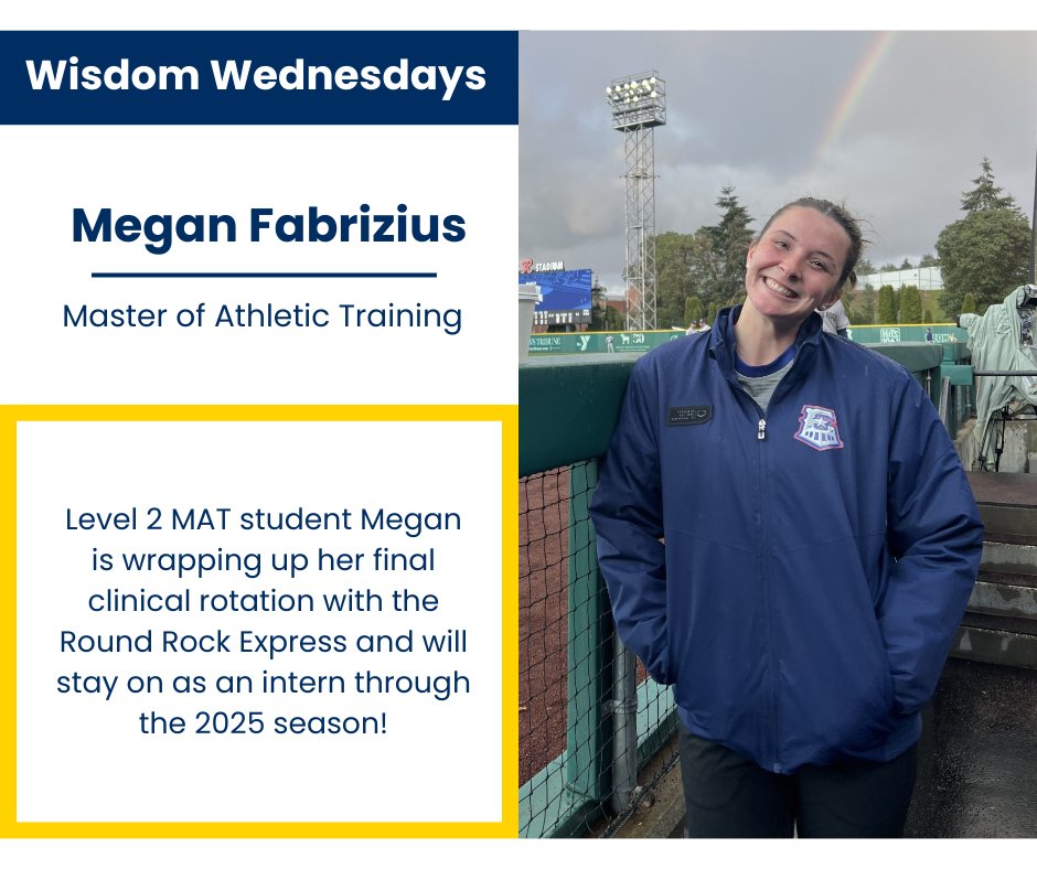 Level 2 MAT student Megan Fabrizius is finishing her clinical rotation with the Round Rock Express, Triple-A affiliate of the <a href="/Rangers/">Texas Rangers</a>, under Will Whitehead in Round Rock, TX. She’ll stay on as an intern through the 25 season after graduation. Learn more, uco.edu/jcgs/