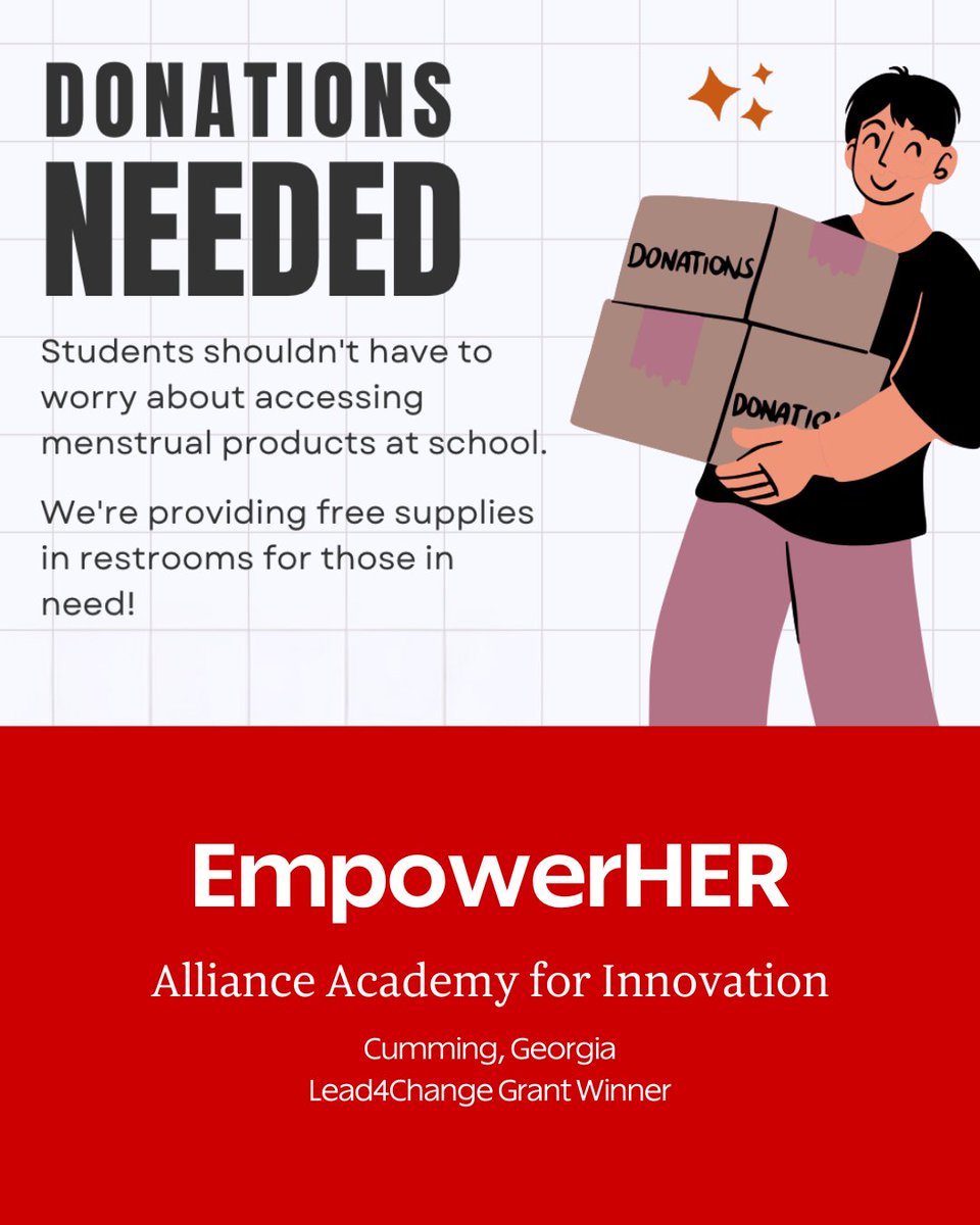 🏆 Grant Winner: EmpowerHER

At Alliance Academy for Innovation, Michael Hall and his team of student leaders saw a need—and took bold action. 💪

Recognizing how a lack of menstrual products could disrupt students’ education and well-being, they set a goal to install free-access