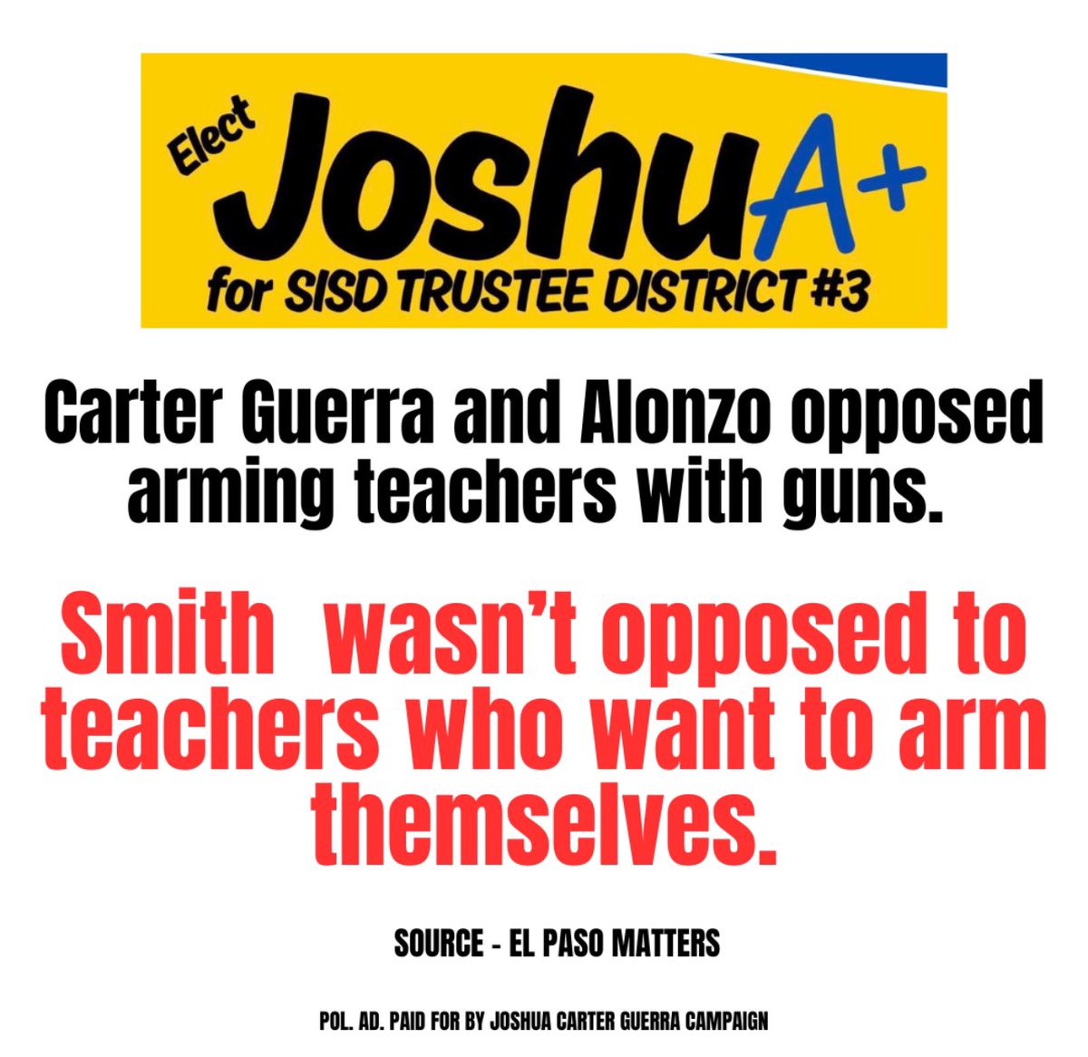 Early voting starts Tuesday. This is going to be a crucial election. Do you know where the candidates stand on the issues? Guns do not belong in our classrooms.

Vote Joshua for Socorro ISD Trustee - District 3