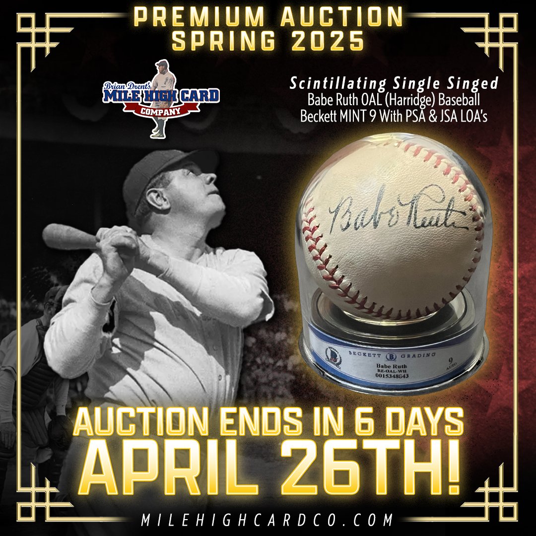 milehighcard's tweet image. Check out lot #5 up for bid in our Spring 2025 Premium Catalog Auction: an incredible Babe Ruth signed OAL (Harridge) baseball!🖊️⚾

🚨 BID NOW! 🚨
tinyurl.com/ruthballspring…

‼️ AUCTION ENDS APRIL 26TH! ‼️

#MHCC #auctionhouse #auction #baberuth #thehobby #autographed #beckett #JSA