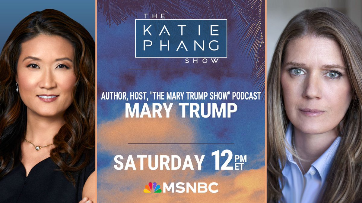 The Katie Phang Show (@katiephangshow) on Twitter photo 100 days of chaos? <a href="/MaryLTrump/">Mary L Trump</a> joins <a href="/KatiePhang/">Katie Phang</a> to spill on her uncle’s presidency—and what’s coming next. Don't miss it! This Saturday 12 pm ET! 100 days of chaos? <a href="/MaryLTrump/">Mary L Trump</a> joins <a href="/KatiePhang/">Katie Phang</a> to spill on her uncle’s presidency—and what’s coming next. Don't miss it! This Saturday 12 pm ET!