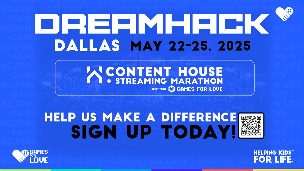 🎤 CALLING ALL STREAMERS 🎮
 We're teaming up at DreamHack Dallas (May 22–25) for a Streaming Marathon like no other!
💥 Be a creator.
 💛 Support kids.
 🎉 Make an impact with Games For Love!
PLAY LOUDER. TOGETHER.
 🔥 Scan the QR code to get started!
 <a href="/DreamHack/">DreamHack</a>