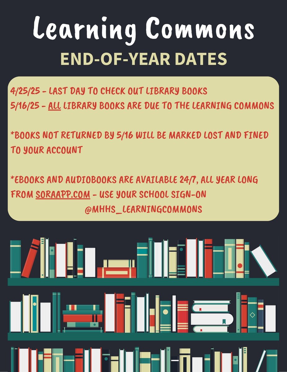 Mountain House High (@mhhsmustangs) on Twitter photo Attention Mustangs! Please see the attached flyer for some important end-of-year deadlines from the learning commons.
​
Contact: chmillion@lammersvilleusd.net Attention Mustangs! Please see the attached flyer for some important end-of-year deadlines from the learning commons.
​
Contact: chmillion@lammersvilleusd.net