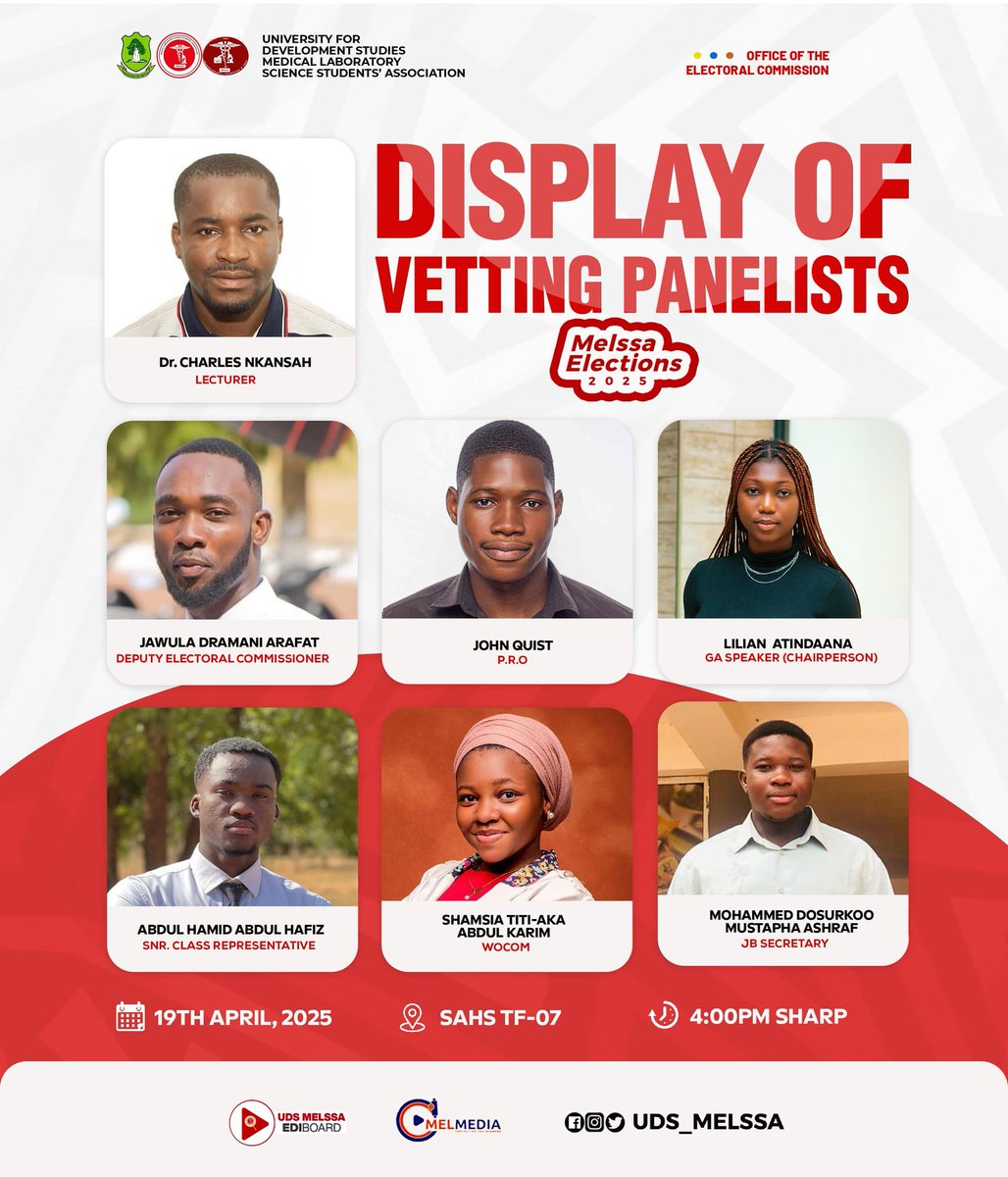 Transparency is paramount. We are proud to display the panelists who will be ensuring that the leaders for MELSSA elections, 2025 are well vetted.* 

Join us on April 19th, 2025, at SAHS TF-07 at 4:00PM.🗳️🤝
#MelssaElections 
#GodIsHelpingMelssa