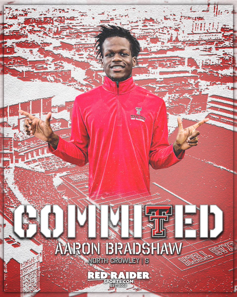 BREAKING: Texas Tech has landed a commitment from North Crowley 4-star safety Aaron Bradshaw (<a href="/Aaron26Bradshaw/">Aaron Bradshaw</a>)‼️

Bradshaw chose the Red Raiders over a top 8 that included Texas, LSU, Missouri, Texas A&amp;M, Colorado, TCU and Houston #GunsUp #WreckEm