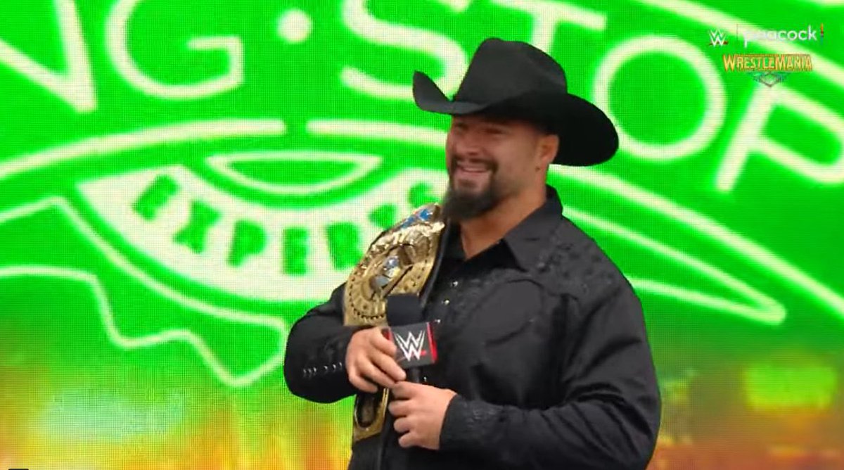wrestlingware's tweet photo. Bron breakker looks like he belongs on Yellowstone #WrestleMania https://t.co/zKiM0LHQhp