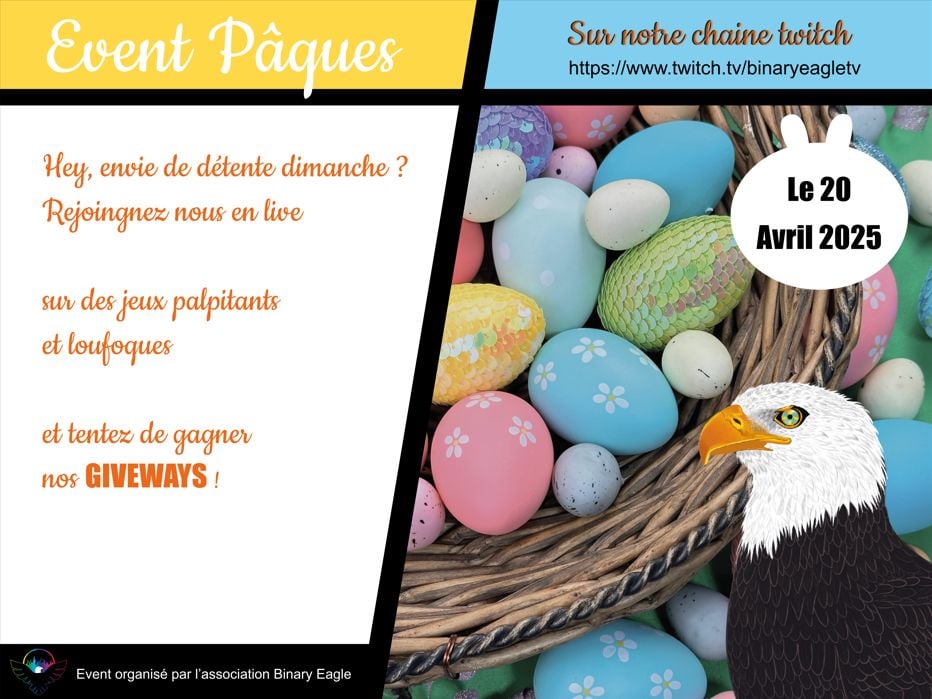 BinaryEagle's tweet photo. N'oubliez pas vos œufs en chocolat pour cette belle soirée de Pâques ! 🍫✨
Rejoignez-nous le 20/04 à 18h
▶️ https://t.co/yFQahx3Oj0 ◀️

https://t.co/6N96Kqu37V, Pico Park 2, Marvel Rivals et REPO seront nos jeux pour cet event !
💥Et bien évidemment des GiveAways auront lieu !💥 https://t.co/BU4Mw5oS4e