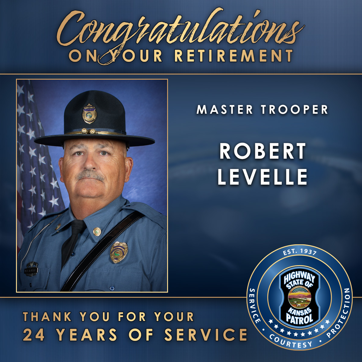 kshighwaypatrol's tweet photo. The Kansas Highway Patrol would like to wish Master Trooper Robert LeVelle congratulations on his career! Thank you for your dedication and service to the citizens and state of Kansas for the past 24 years. It has been an honor to serve with you!
#ServiceCourtesyProtection
#HappyRetirement