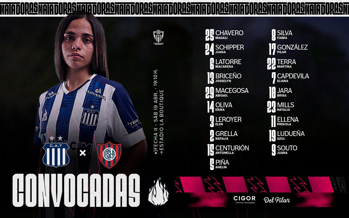 🔥⚽ #𝐉𝐮𝐞𝐠𝐚𝐧𝐋𝐚𝐬𝐌𝐚𝐭𝐚𝐝𝐨𝐫𝐚𝐬

📋 Presentamos la lista de 𝗰𝗼𝗻𝘃𝗼𝗰𝗮𝗱𝗮𝘀 por el entrenador Carlos Casteglione para recibir a San Lorenzo en la Fecha 1️⃣1️⃣ del campeonato de Primera División.

🚨 El horario del partido se modificó a las 19:10 hs.

🔵