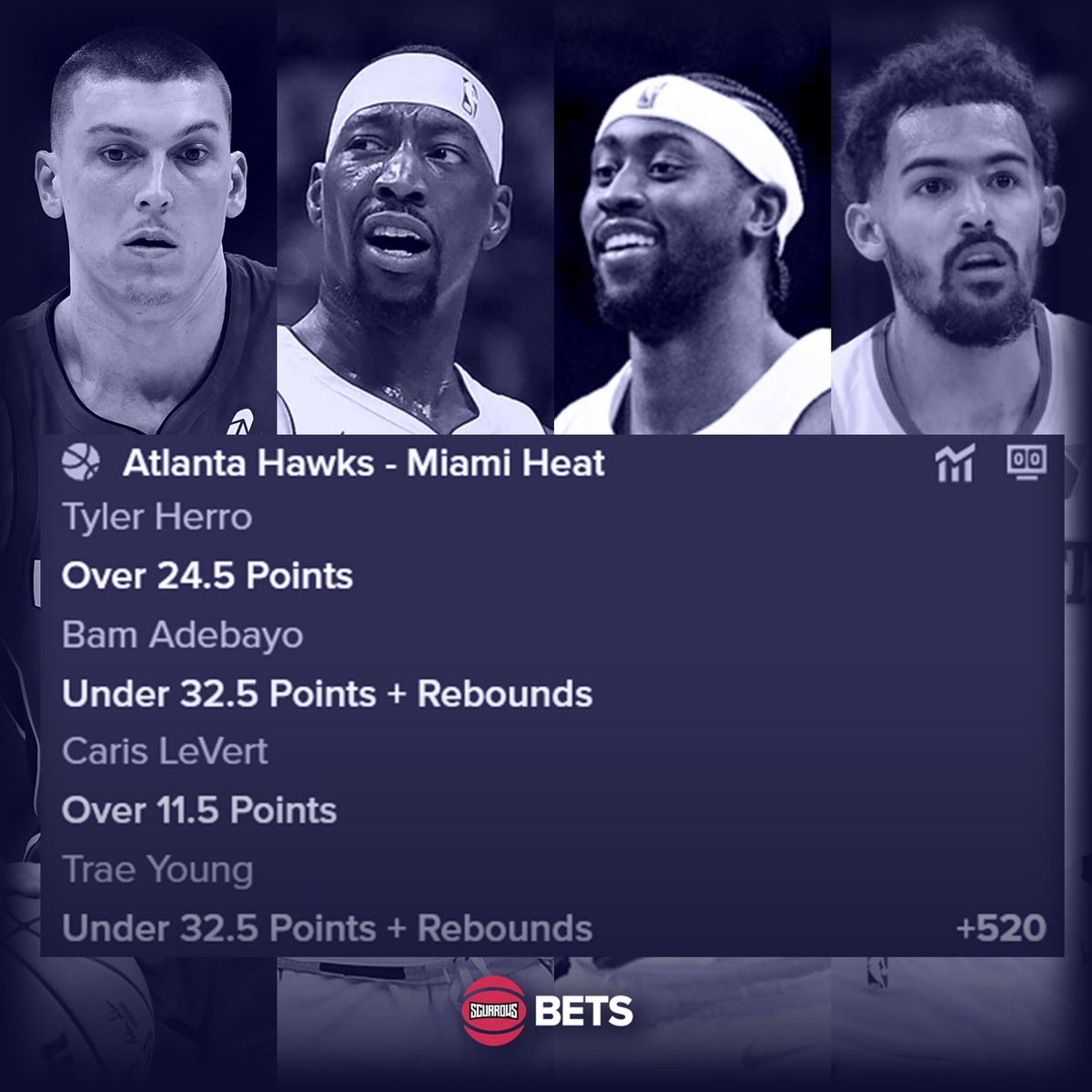 Apr 18th NBA Analyse:

Hawks - Heat Parlay (+520)
- Tyler Herro: Over 24.5 Points
- Bam Adebayo: Under 32.5 Points + Rebounds
- Caris LeVert: Over 11.5 Points
- Trae Young: Under 32.5 Points + Rebounds