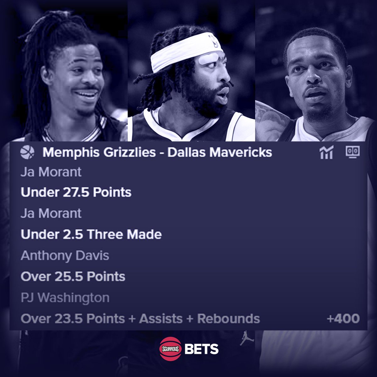 Apr 18th NBA Analyse:

Grizzlies - Mavericks Parlay (+400)
- Ja Morant: Under 27.5 Points
- Ja Morant: Under 2.5 Three Made
- Anthony Davis: Over 25.5 Points
- PJ Washington: Over 23.5 Points + Assists + Rebounds