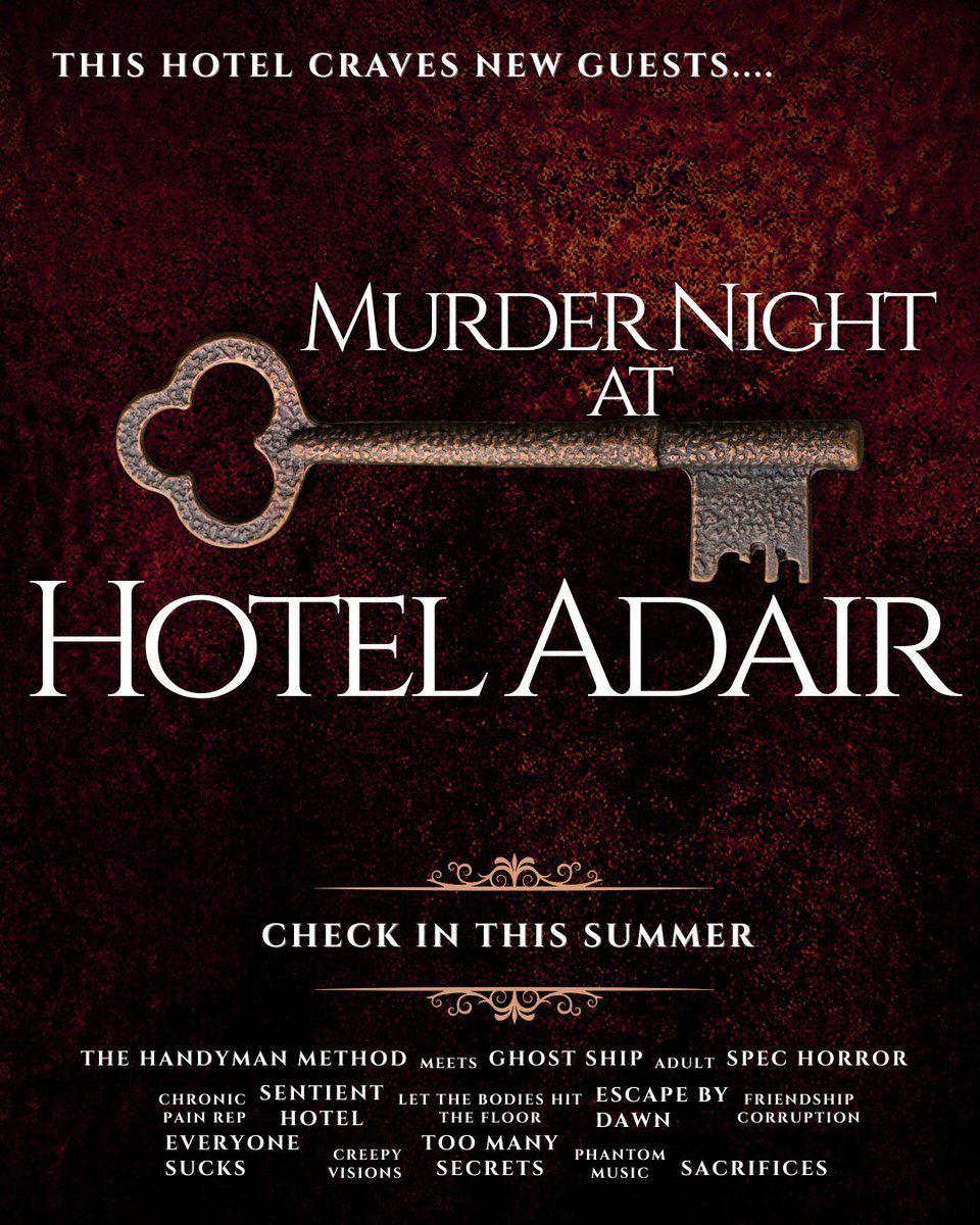 They came for a nice hotel, some laughs, a break from things they weren’t saying. When a storm traps them at the hotel, friendships crack along w/reality.
Deaths pile up, feeling less like accidents.
The hotel isn’t just keeping them safe.
It’s keeping 🩸them🩸

#A #H #PosterPitW