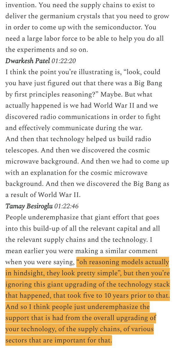 calebwatney's tweet photo. Great conversation b/t @dwarkesh_sp, @tamaybes, and @EgeErdil2 on the importance of complementary innovation + infrastructure for understanding how science/tech grows https://t.co/mXcv2UbWog