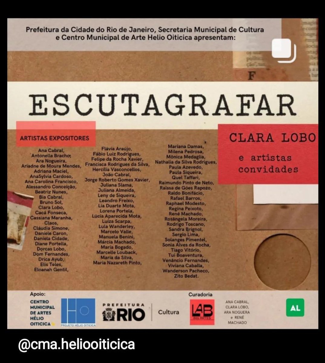 MarcelleLG's tweet photo. Feliz em participar, como artista convidada, da mostra "Escutagrafar", da Clara Lobo. Para a expo, no Centro Municipal de Artes Hélio Oiticica, no Rio de Janeiro, levei minha obra "Escutanto", em que palavra, imagem e performance se encontram. A mostra pode ser visitada até maio. https://t.co/bQkSozMYdj