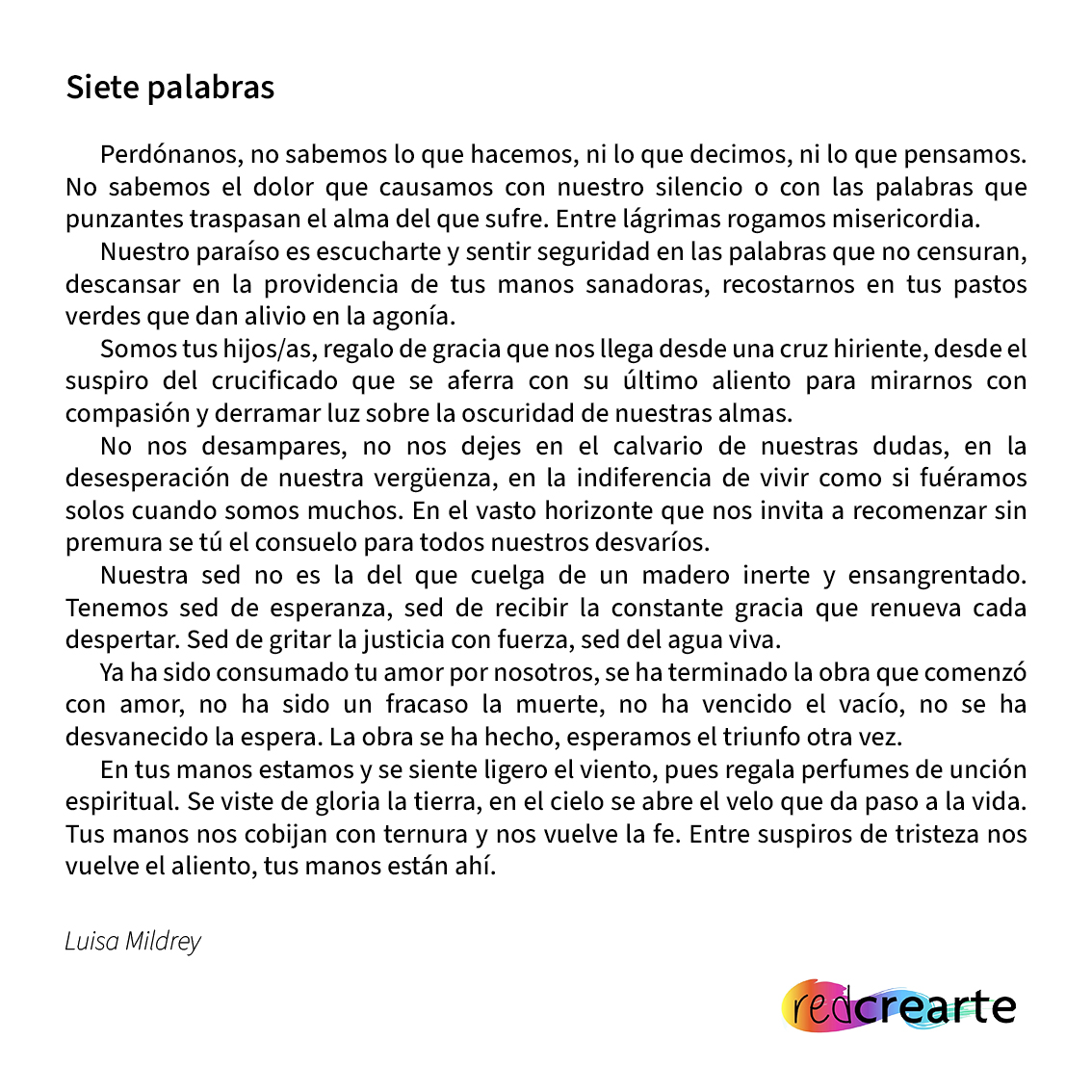 Viernes Santo. Seguimos compartiendo textos, reflexiones, oraciones y más del cuadernillo de Semana Santa de la <a href="/redcrearte/">Red Crearte</a> de Cuba. ¡Pueden encontrar el cuaderno completo en sus redes!

#AIPRAL #familiareformada #semanasanta #viernessanto