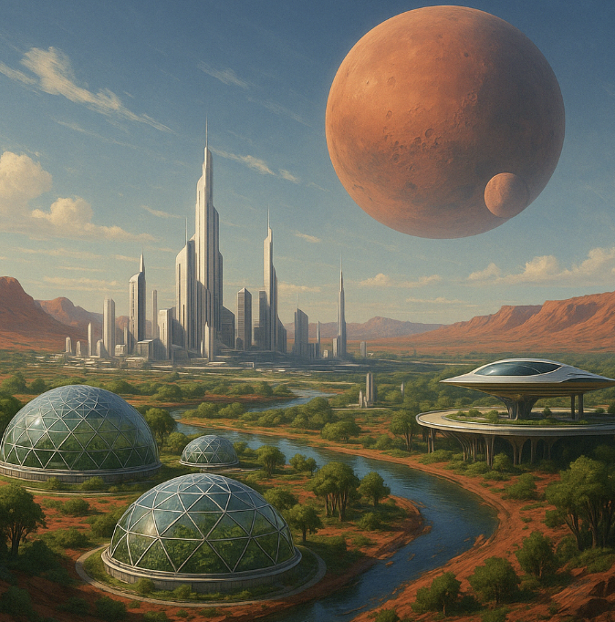 _EmEs_1_'s tweet photo. In 2124, Mars is no longer the red planet — it's the green frontier.
Self-sustaining biodomes, AI-governed cities, and interplanetary art museums dot the landscape.
Humanity didn’t just survive here. We evolved. 🌍🚀🔴
#FutureOfMars #OuterLife https://t.co/tvIo3Q64Te